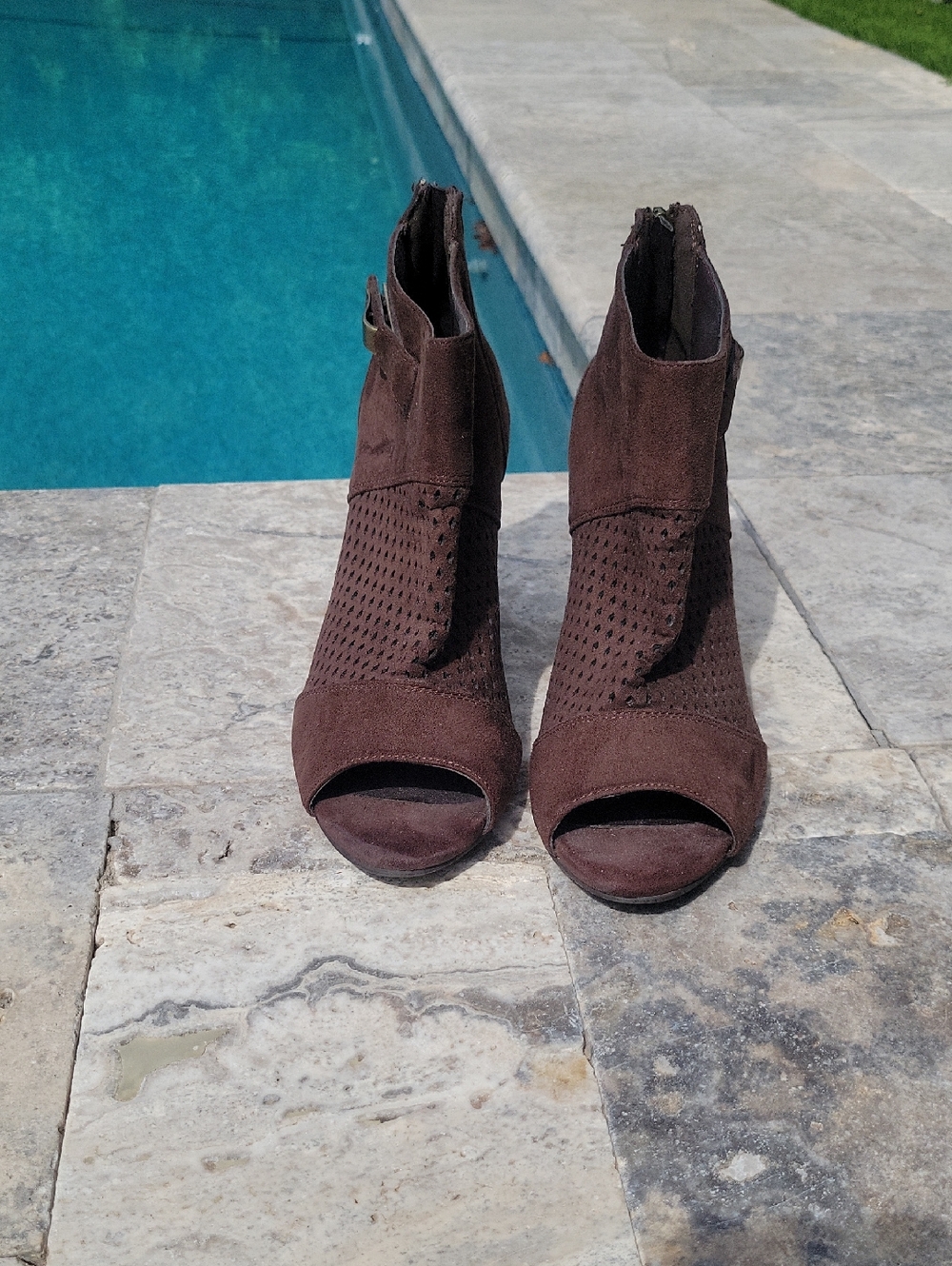 Cato Open Toe Brown Zipper Back Mesh Top Suede Look Ankle boots With Heel 7.5 - Picture 2 of 12